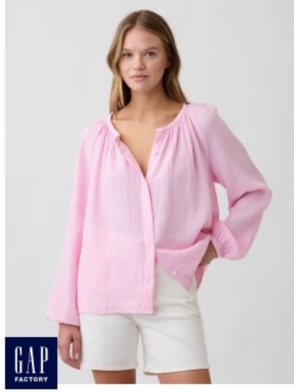GAP Factory Light Pink Button-Front Gauze Shirt